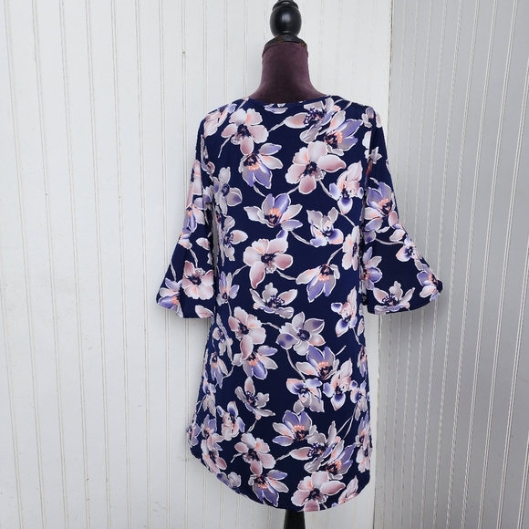 Espresso Womens Dress Floral Pink Blue Bell Sleeve Shift Boho Casual Stretch M - Picture 7 of 14